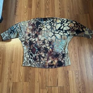 Vintage French Blue Abstract Butterfly Floral Patterned‎ Long Sleeve Top Size 2x
